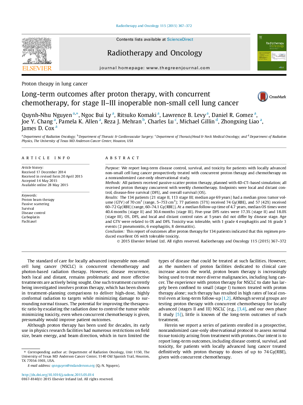 Long-term outcomes after proton therapy, with concurrent chemotherapy, for stage II-III inoperable non-small cell lung cancer