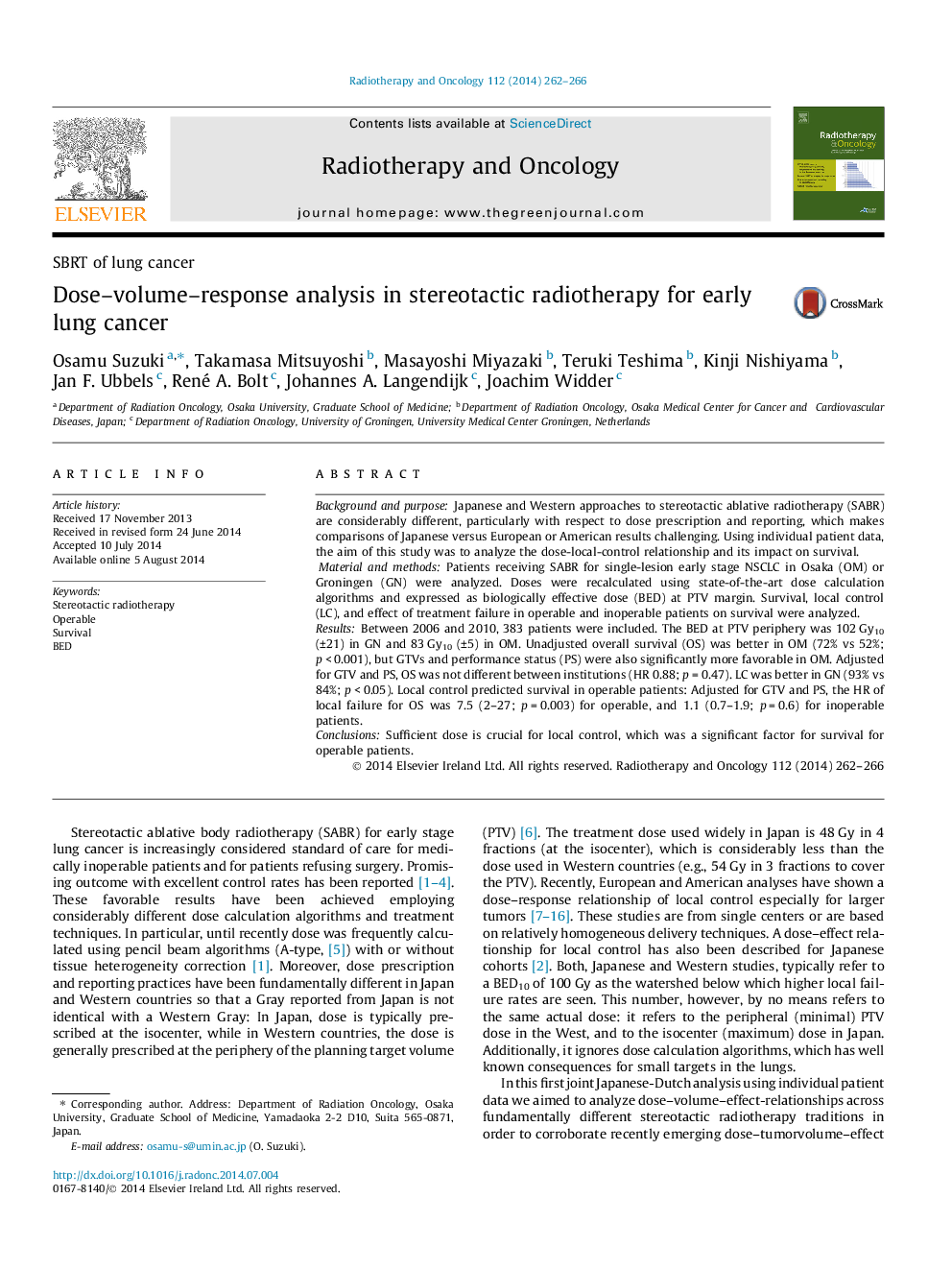 Dose-volume-response analysis in stereotactic radiotherapy for early lung cancer