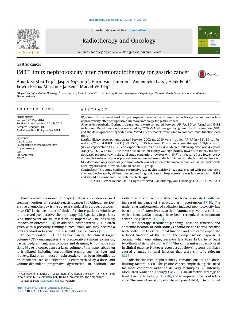 IMRT limits nephrotoxicity after chemoradiotherapy for gastric cancer