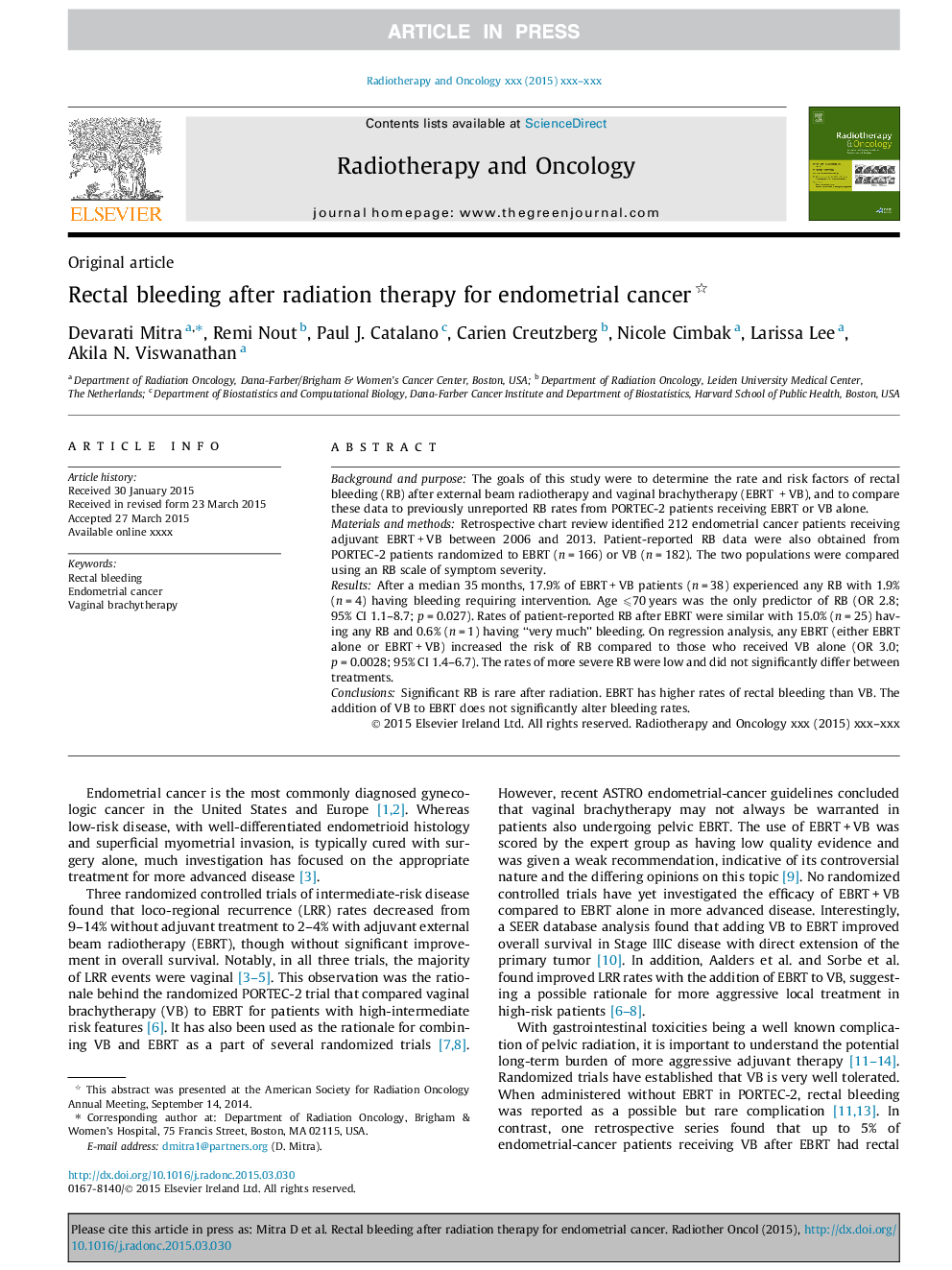 Rectal bleeding after radiation therapy for endometrial cancer