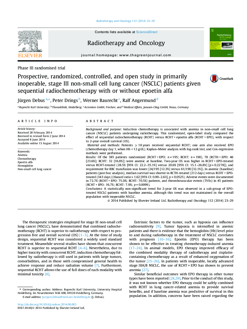 Prospective, randomized, controlled, and open study in primarily inoperable, stage III non-small cell lung cancer (NSCLC) patients given sequential radiochemotherapy with or without epoetin alfa