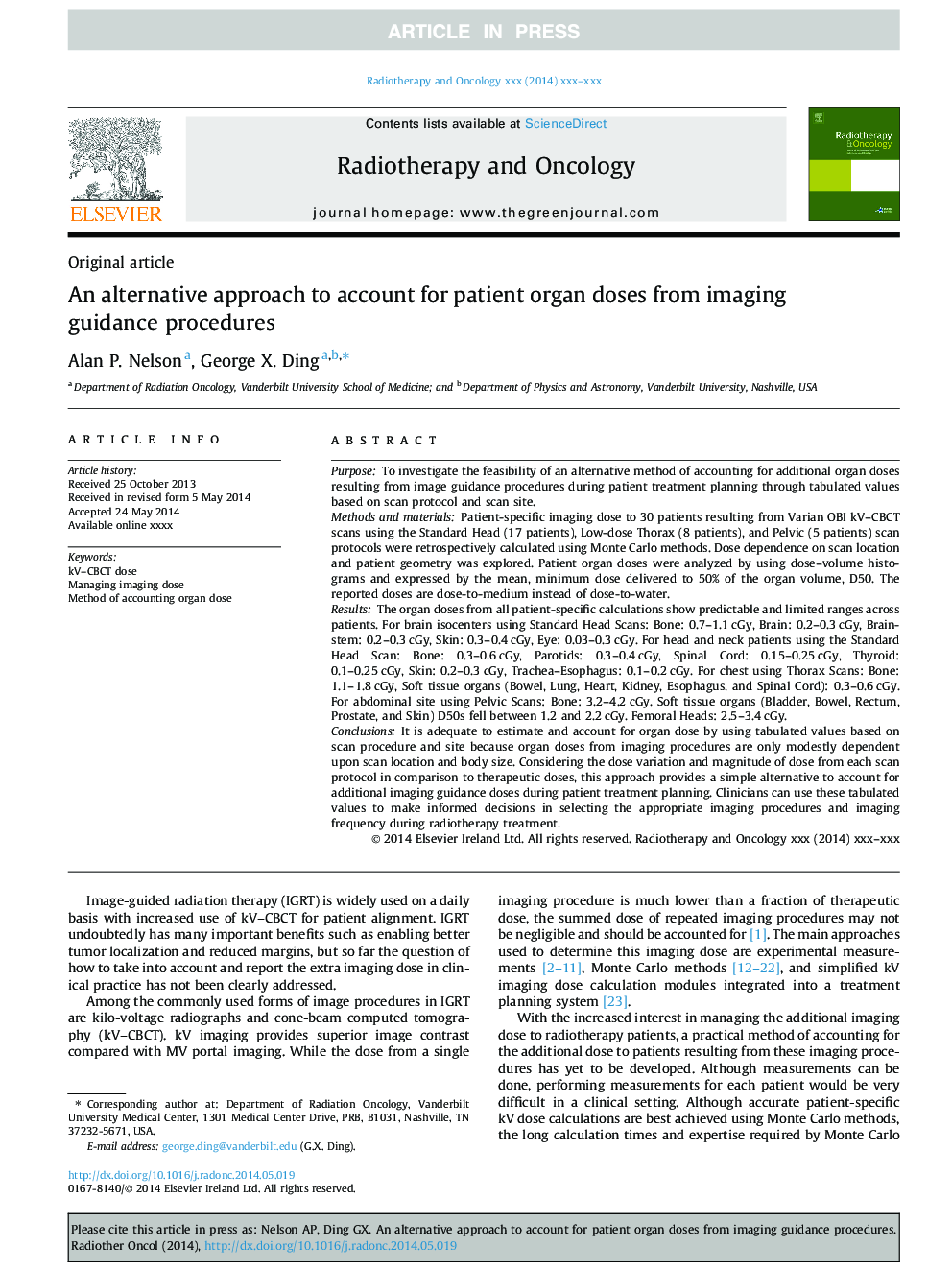 An alternative approach to account for patient organ doses from imaging guidance procedures