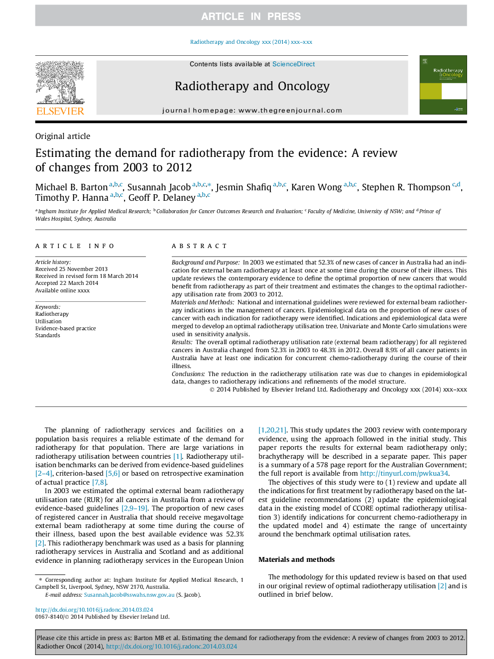 Estimating the demand for radiotherapy from the evidence: A review of changes from 2003 to 2012