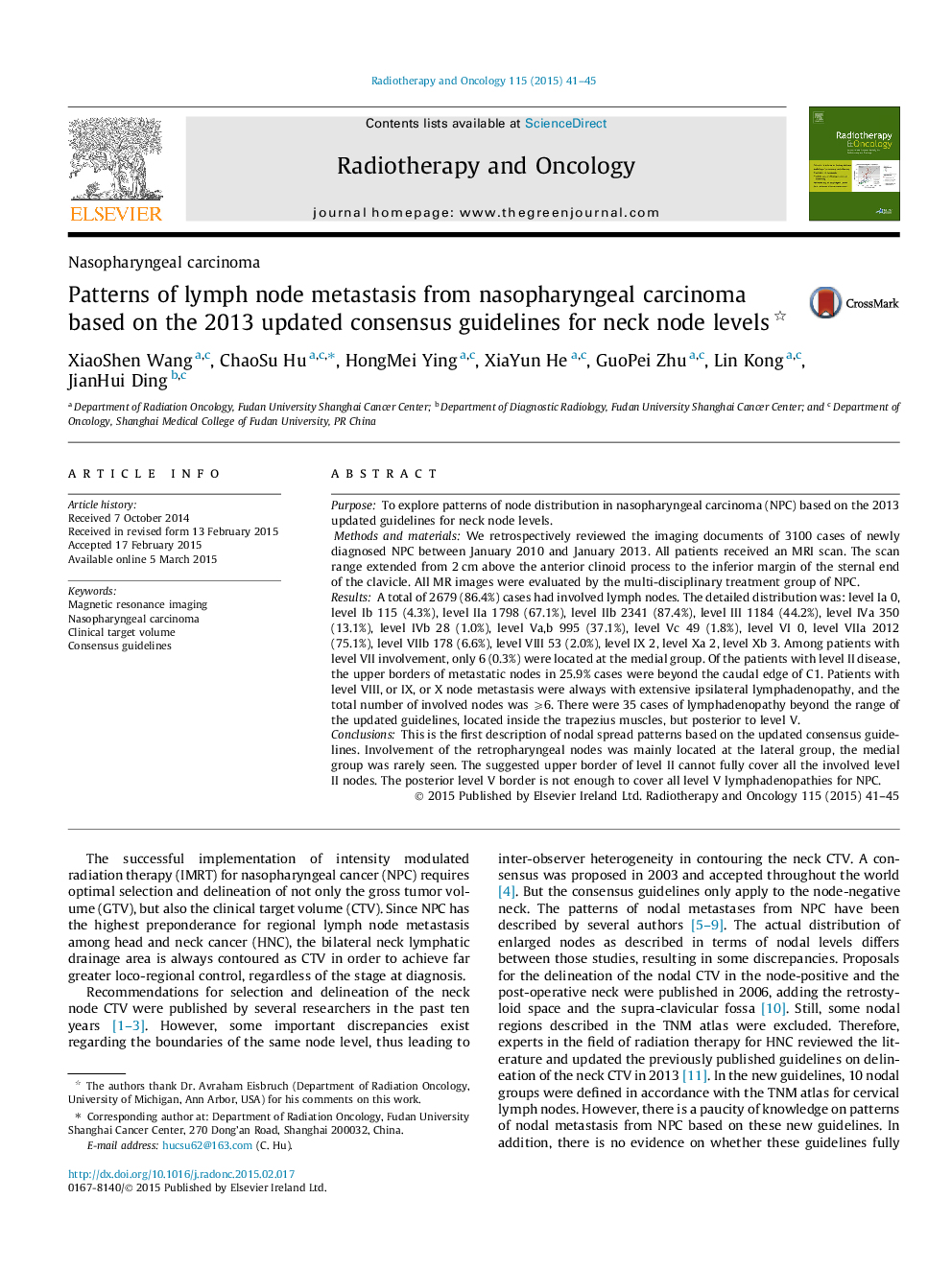 الگوهای متاستاز غدد لنفاوی ناشی از کارسینوم نازوفارنکس براساس دستورالعمل اجماع بر پایه 2013 برای سطح گره گردن 