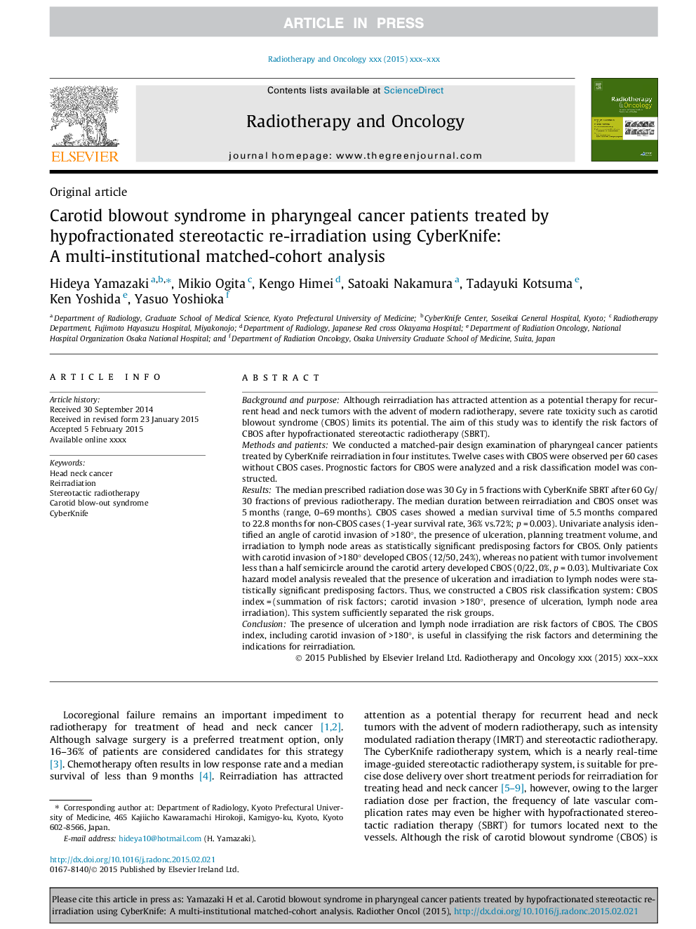 Carotid blowout syndrome in pharyngeal cancer patients treated by hypofractionated stereotactic re-irradiation using CyberKnife: A multi-institutional matched-cohort analysis