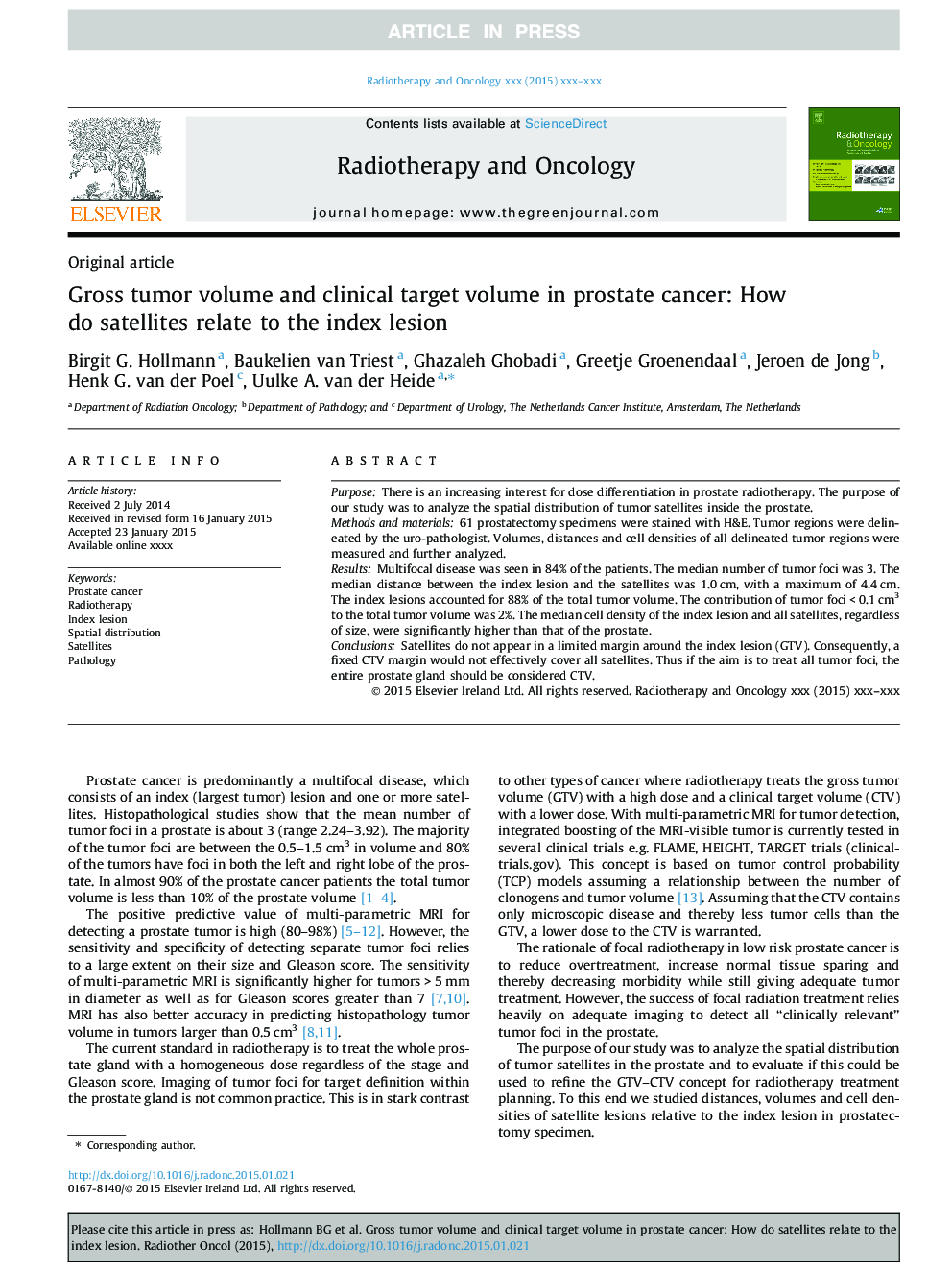 Gross tumor volume and clinical target volume in prostate cancer: How do satellites relate to the index lesion