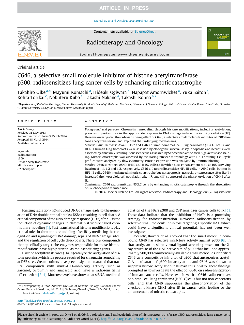 C646, a selective small molecule inhibitor of histone acetyltransferase p300, radiosensitizes lung cancer cells by enhancing mitotic catastrophe