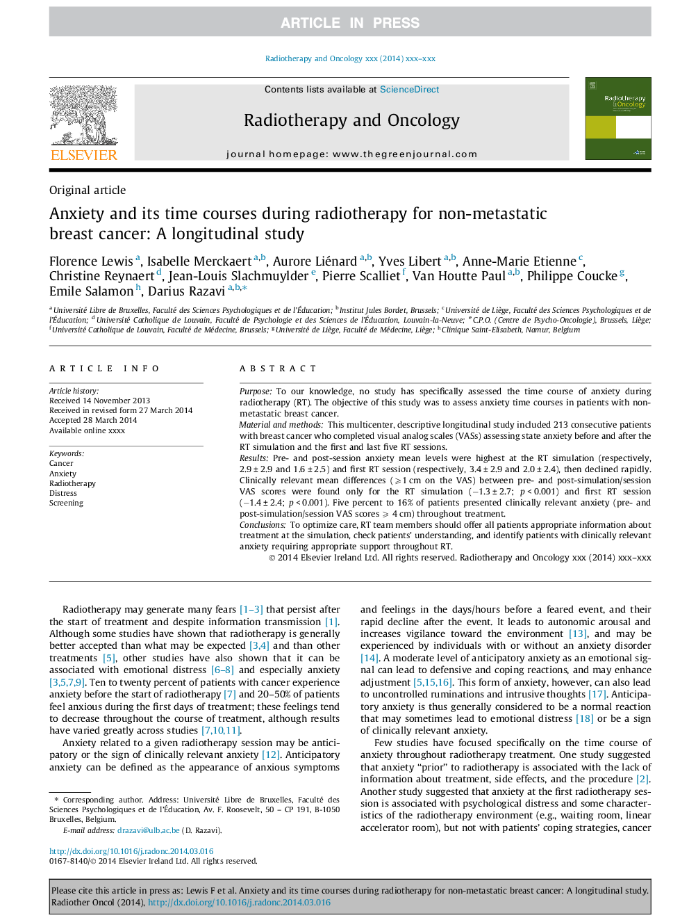 Anxiety and its time courses during radiotherapy for non-metastatic breast cancer: A longitudinal study