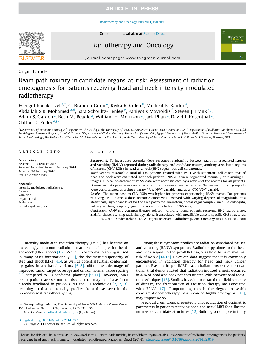 Beam path toxicity in candidate organs-at-risk: Assessment of radiation emetogenesis for patients receiving head and neck intensity modulated radiotherapy