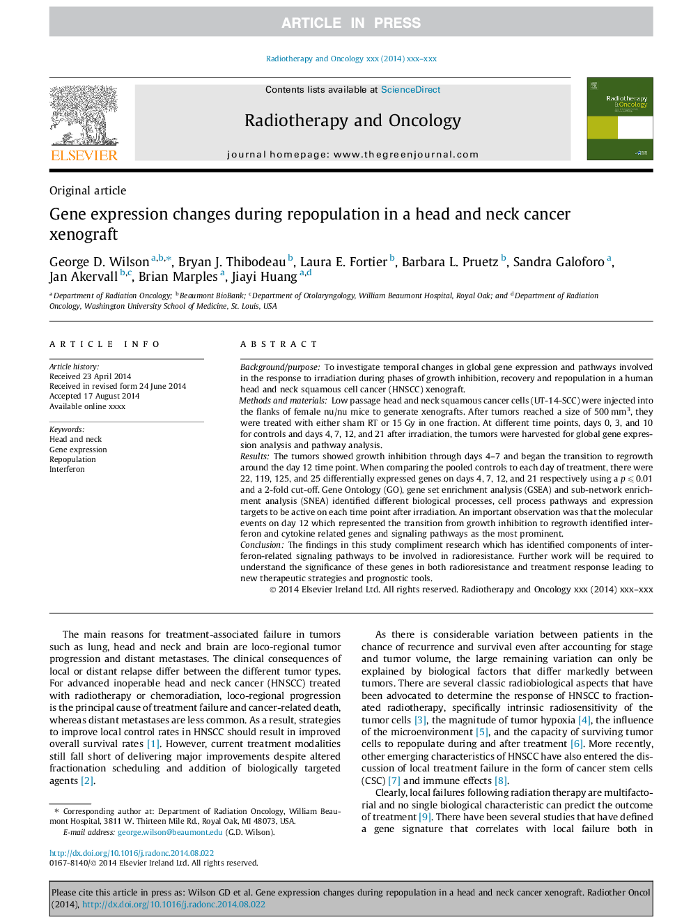 Gene expression changes during repopulation in a head and neck cancer xenograft