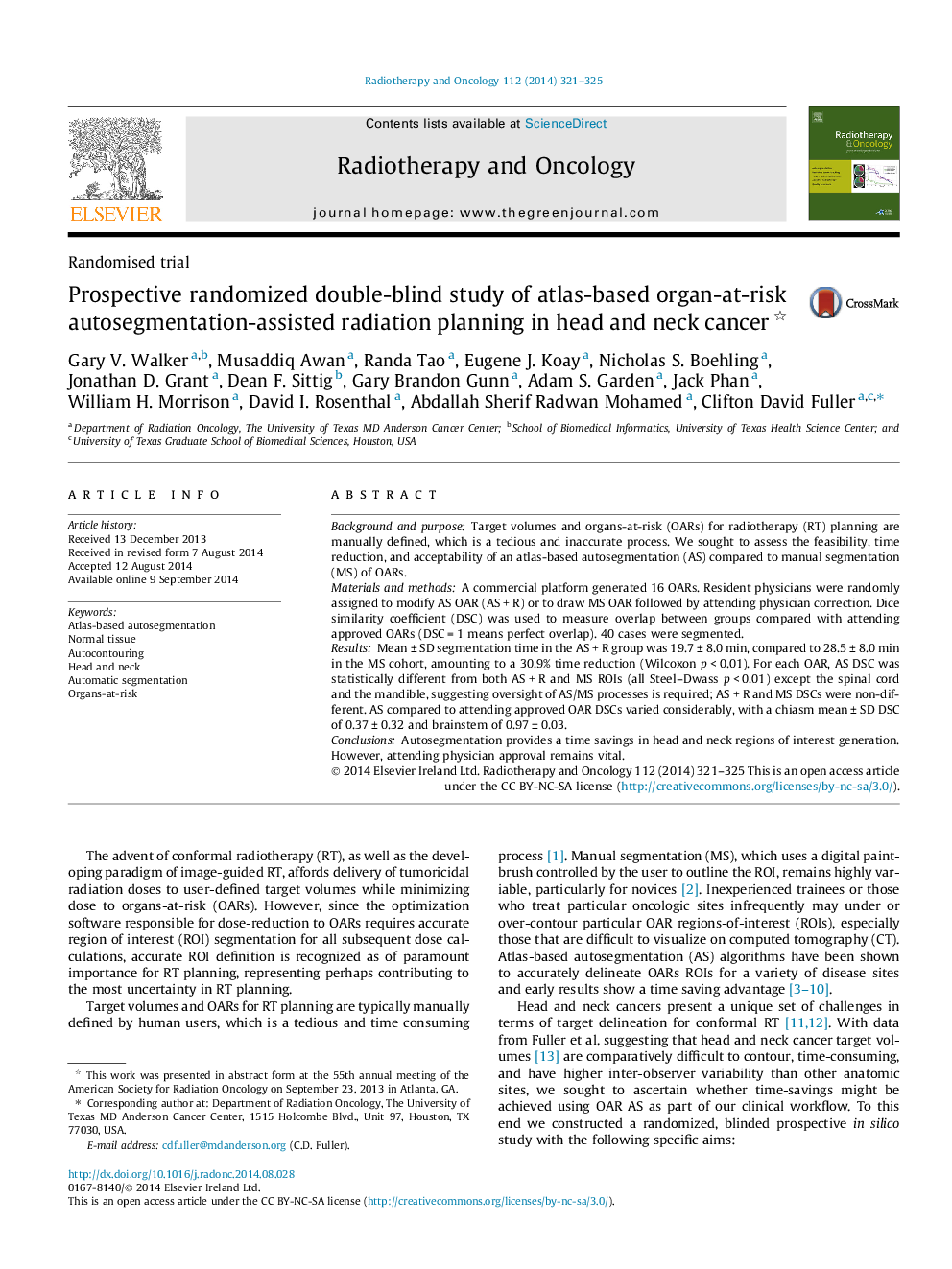 Prospective randomized double-blind study of atlas-based organ-at-risk autosegmentation-assisted radiation planning in head and neck cancer