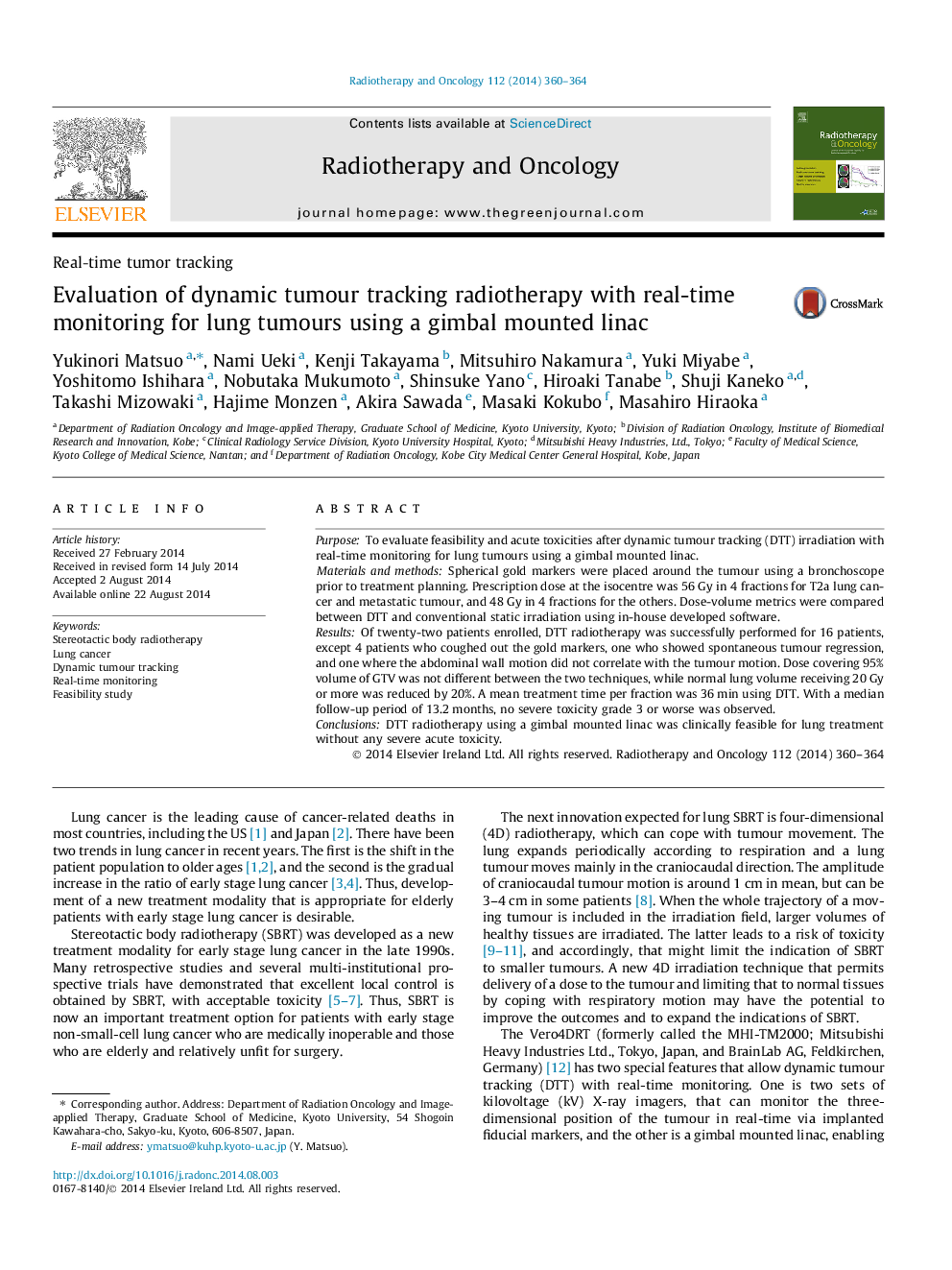 Evaluation of dynamic tumour tracking radiotherapy with real-time monitoring for lung tumours using a gimbal mounted linac