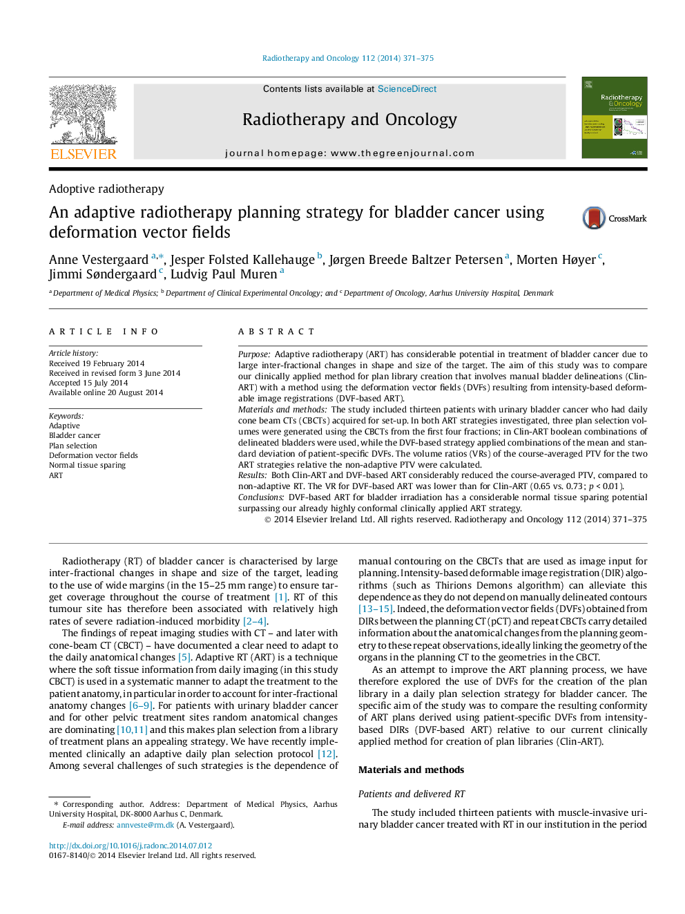 An adaptive radiotherapy planning strategy for bladder cancer using deformation vector fields