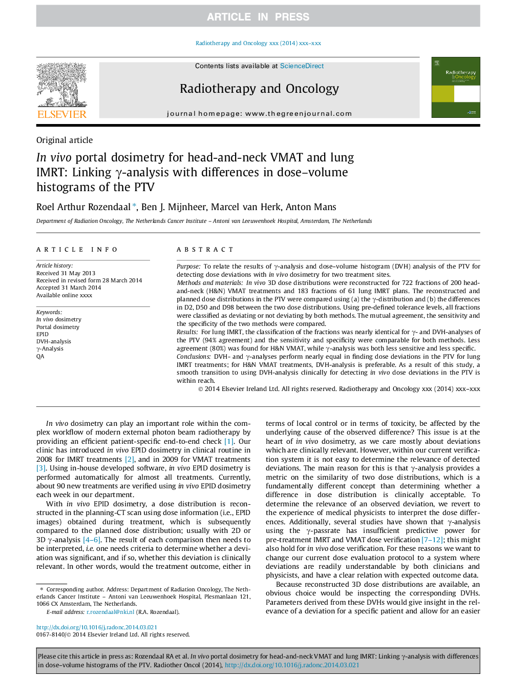 In vivo portal dosimetry for head-and-neck VMAT and lung IMRT: Linking Î³-analysis with differences in dose-volume histograms of the PTV