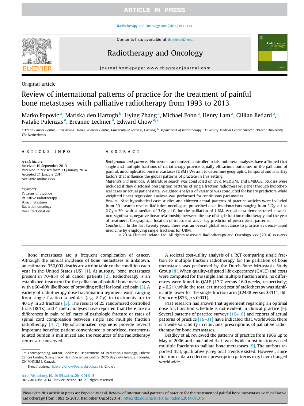 Review of international patterns of practice for the treatment of painful bone metastases with palliative radiotherapy from 1993 to 2013