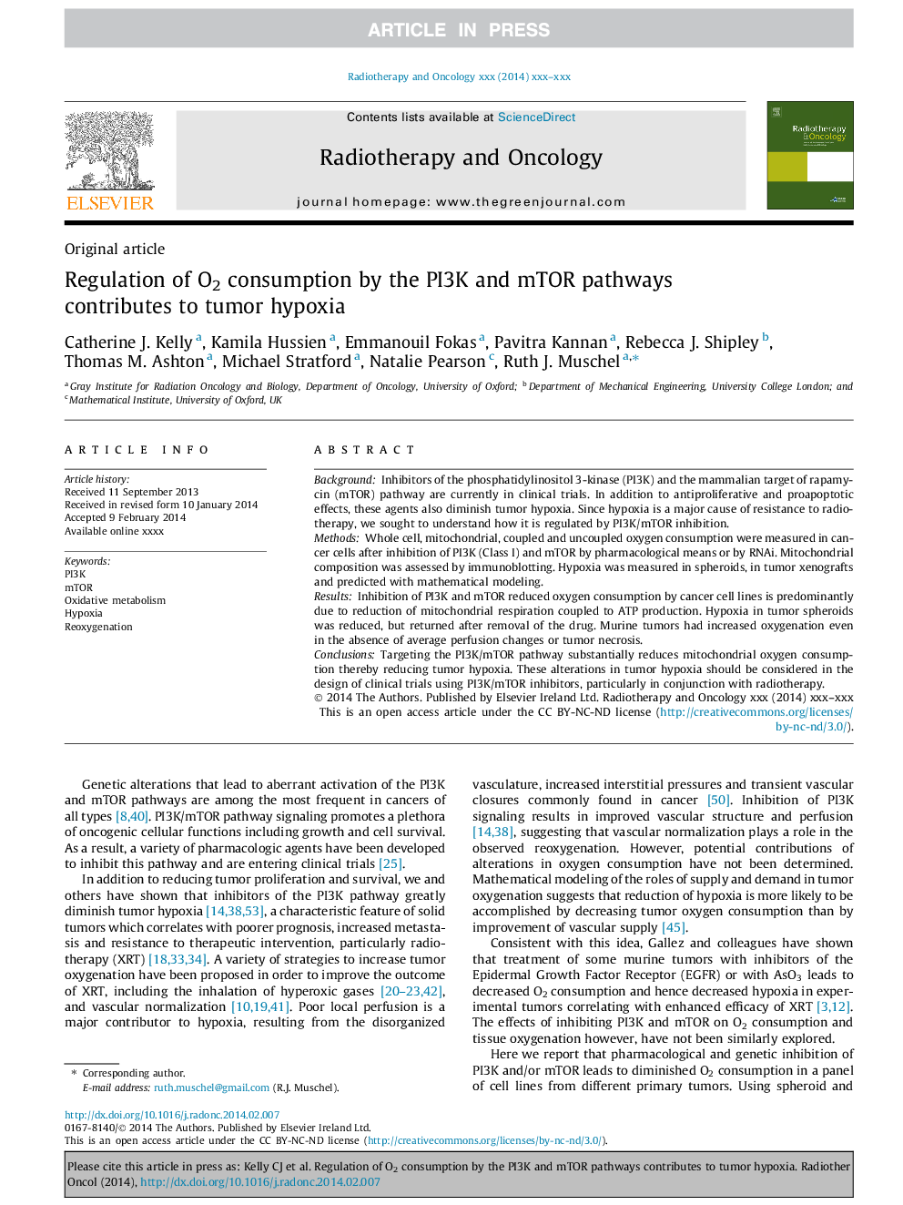 Regulation of O2 consumption by the PI3K and mTOR pathways contributes to tumor hypoxia