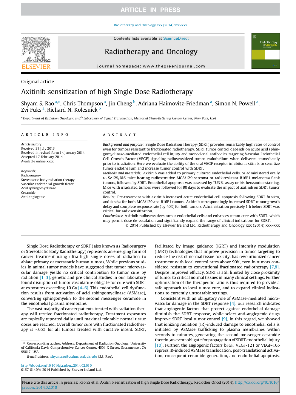 Axitinib sensitization of high Single Dose Radiotherapy