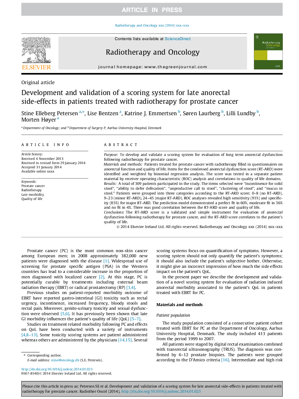 Development and validation of a scoring system for late anorectal side-effects in patients treated with radiotherapy for prostate cancer