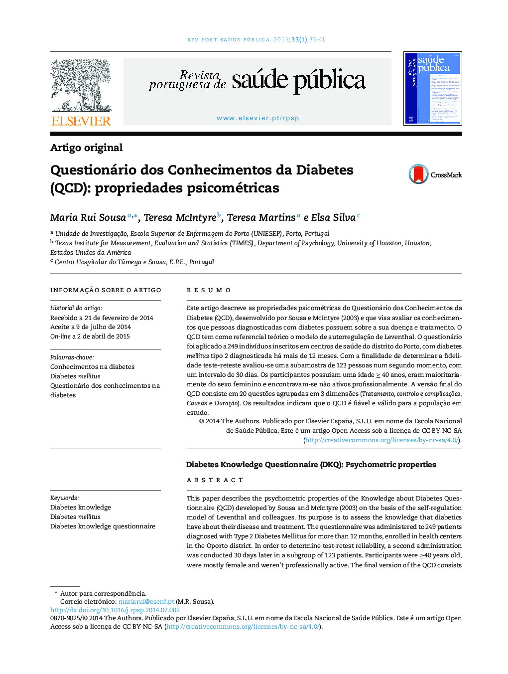 عکس صفحه اول مقاله: Questionário dos Conhecimentos da Diabetes (QCD): propriedades psicométricas Questionário dos Conhecimentos da Diabetes (QCD): propriedades psicométricas