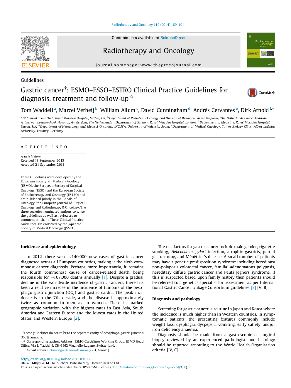 Gastric cancerâ : ESMO-ESSO-ESTRO Clinical Practice Guidelines for diagnosis, treatment and follow-up
