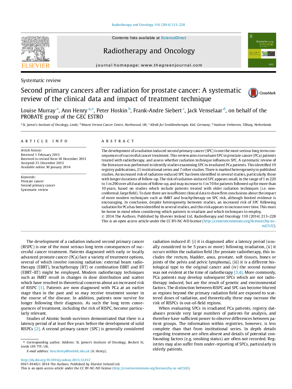 Second primary cancers after radiation for prostate cancer: A systematic review of the clinical data and impact of treatment technique