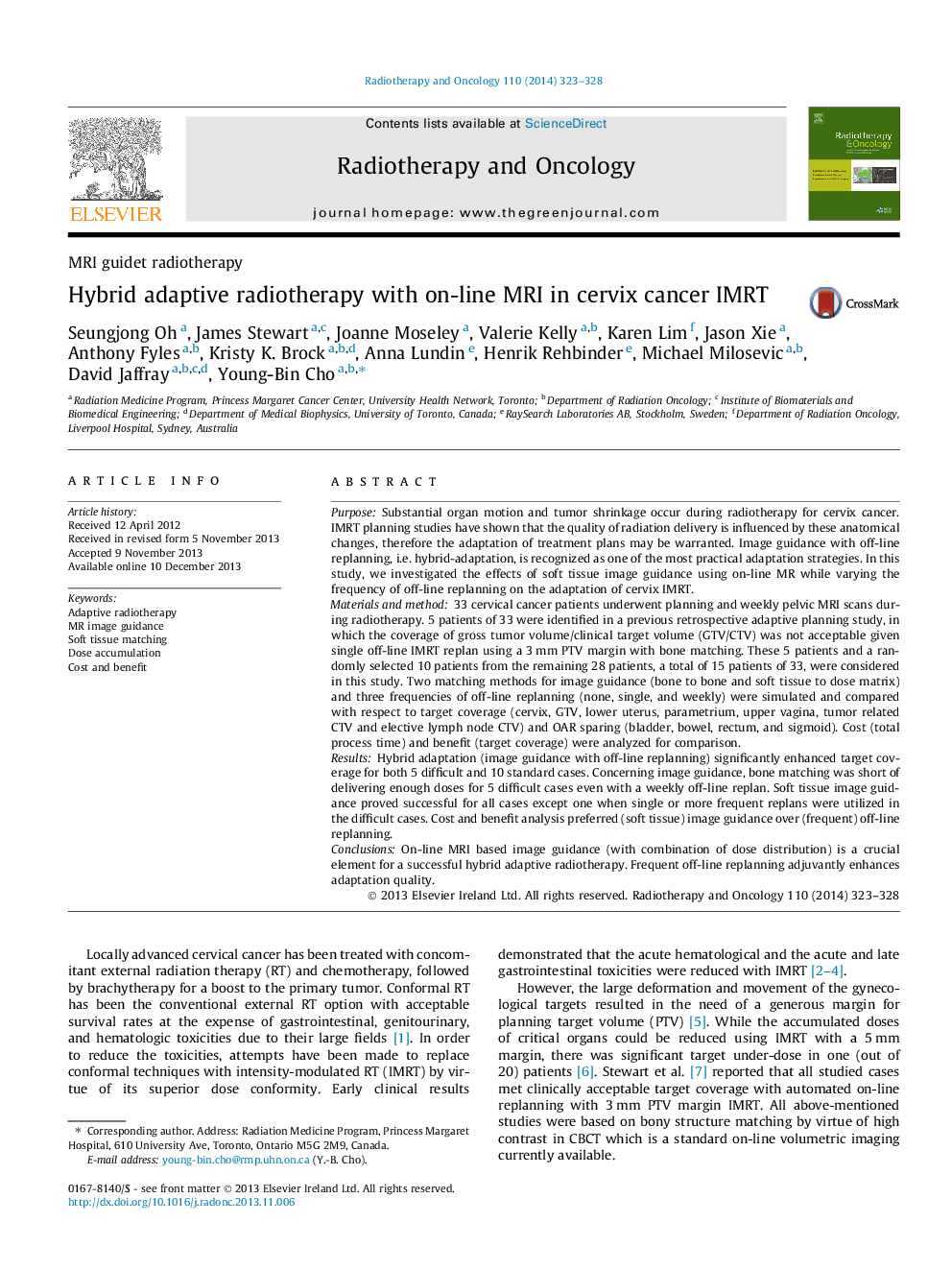 Hybrid adaptive radiotherapy with on-line MRI in cervix cancer IMRT