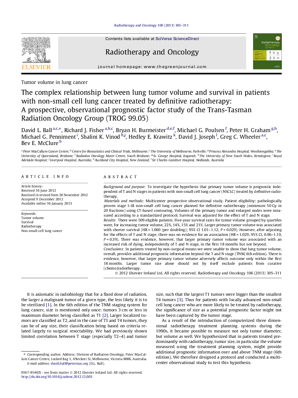 The complex relationship between lung tumor volume and survival in patients with non-small cell lung cancer treated by definitive radiotherapy: A prospective, observational prognostic factor study of the Trans-Tasman Radiation Oncology Group (TROG 99.05)