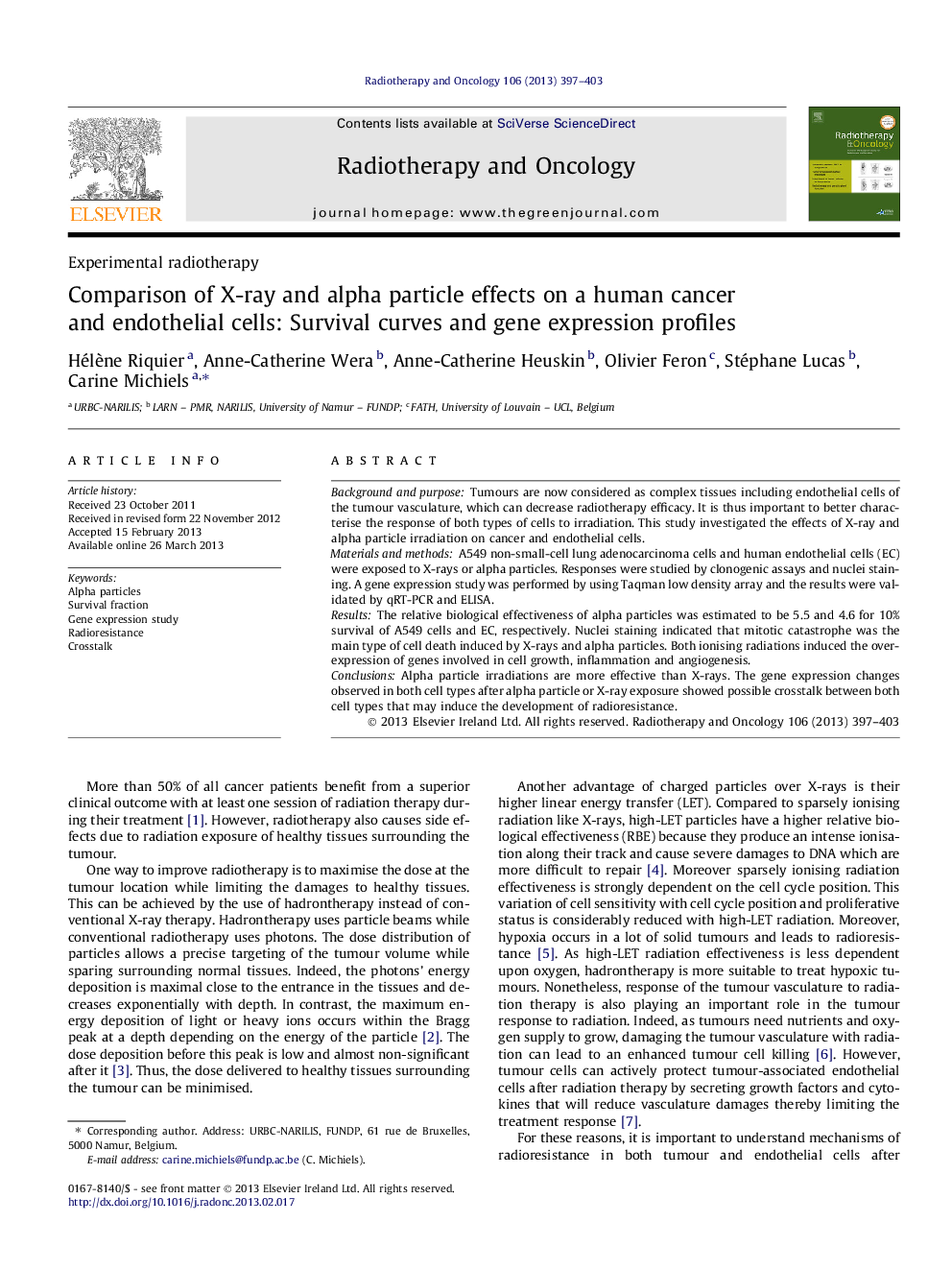 Comparison of X-ray and alpha particle effects on a human cancer and endothelial cells: Survival curves and gene expression profiles