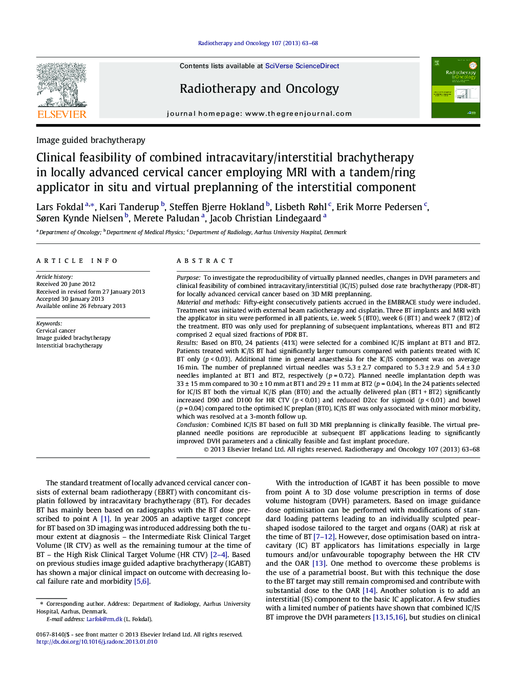 Clinical feasibility of combined intracavitary/interstitial brachytherapy in locally advanced cervical cancer employing MRI with a tandem/ring applicator in situ and virtual preplanning of the interstitial component