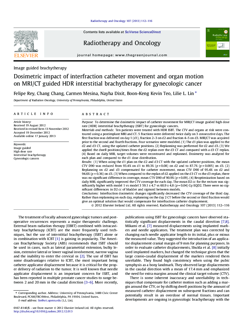 Dosimetric impact of interfraction catheter movement and organ motion on MRI/CT guided HDR interstitial brachytherapy for gynecologic cancer