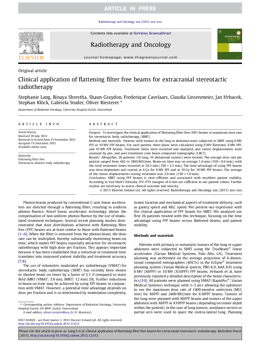 Clinical application of flattening filter free beams for extracranial stereotactic radiotherapy