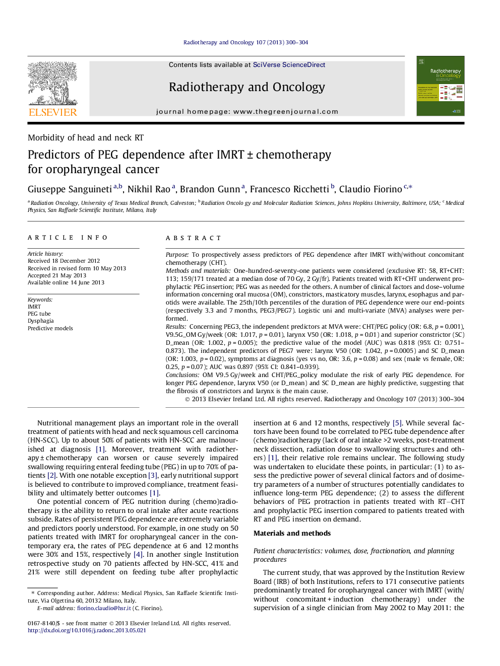 Predictors of PEG dependence after IMRTÂ Â±Â chemotherapy for oropharyngeal cancer