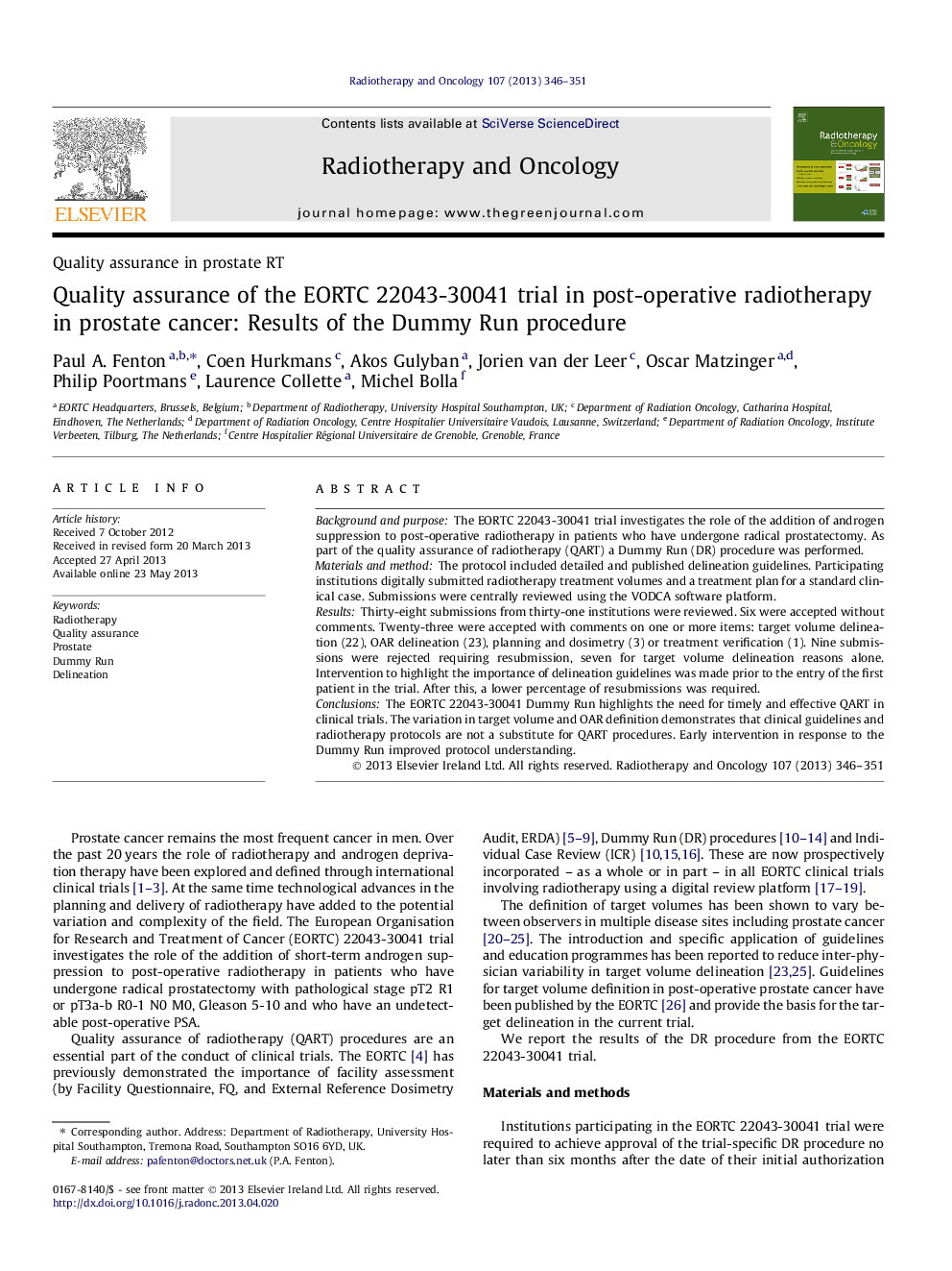 Quality assurance of the EORTC 22043-30041 trial in post-operative radiotherapy in prostate cancer: Results of the Dummy Run procedure