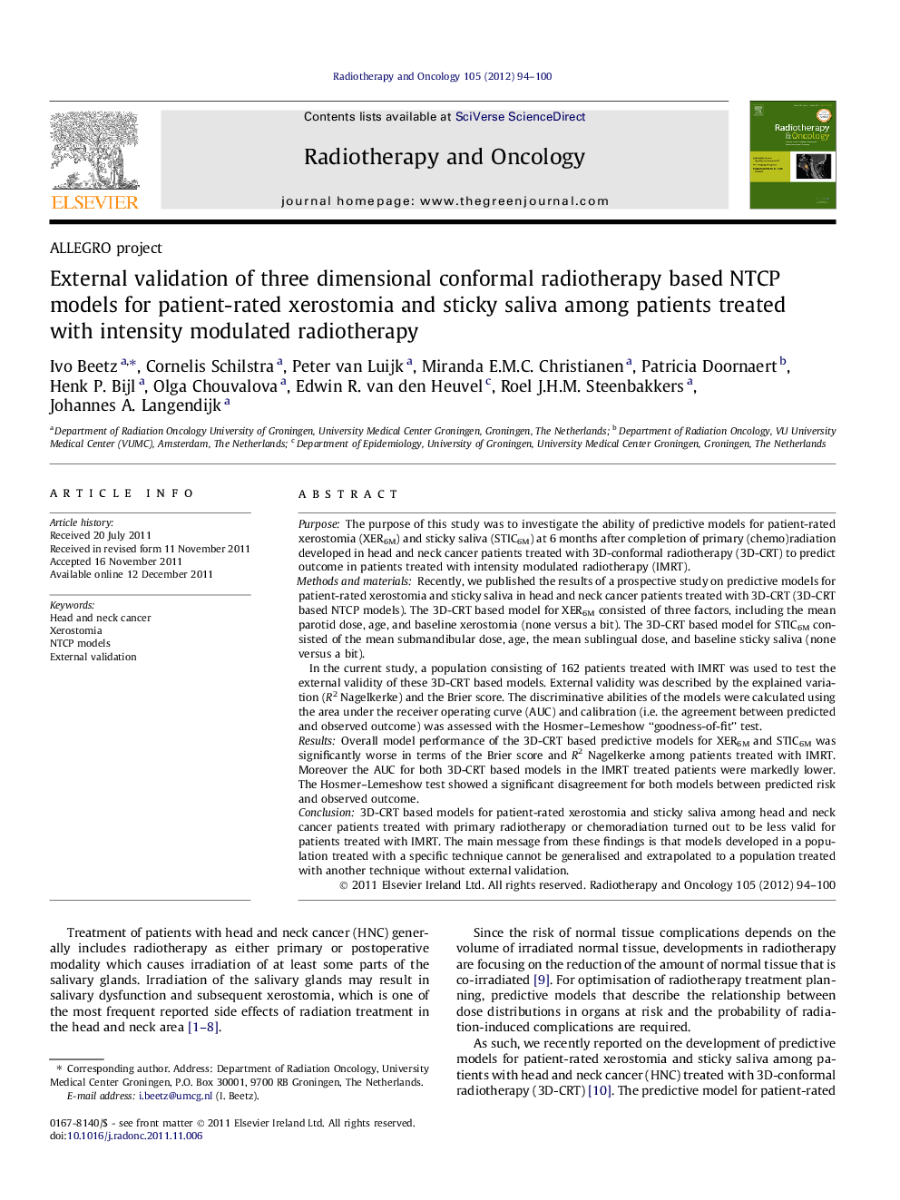 External validation of three dimensional conformal radiotherapy based NTCP models for patient-rated xerostomia and sticky saliva among patients treated with intensity modulated radiotherapy