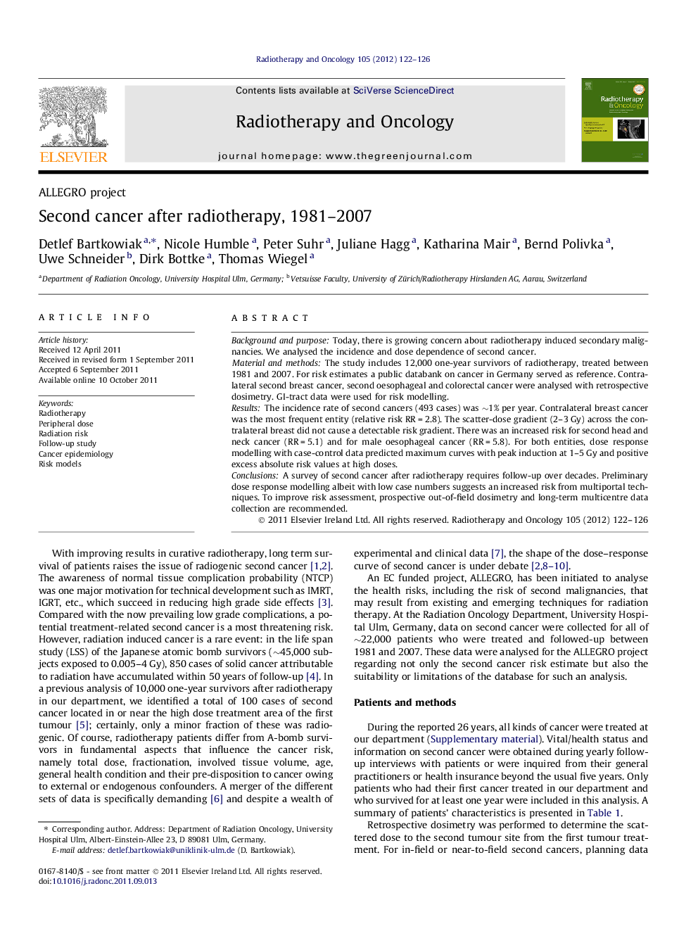 Second cancer after radiotherapy, 1981-2007