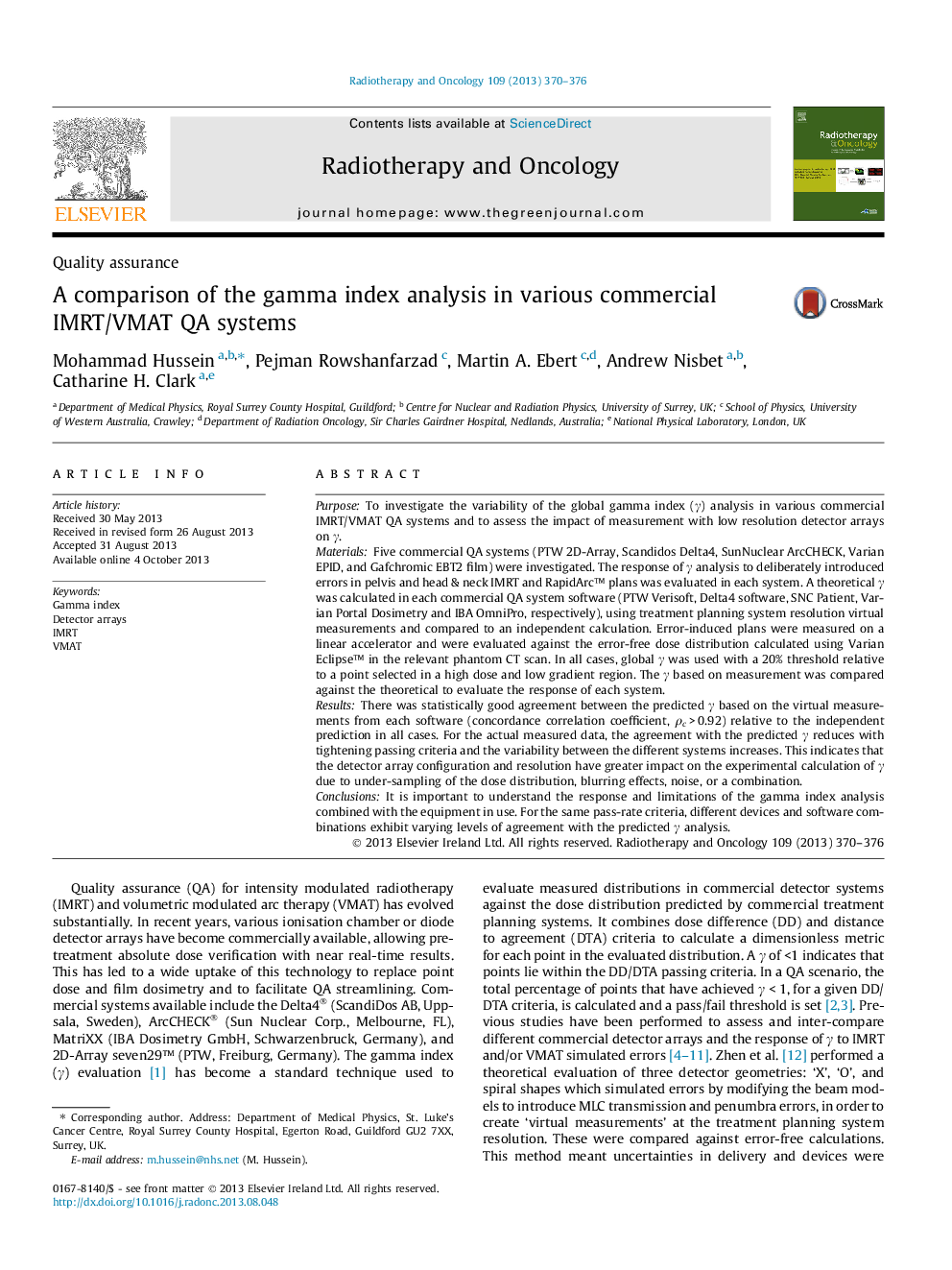 A comparison of the gamma index analysis in various commercial IMRT/VMAT QA systems