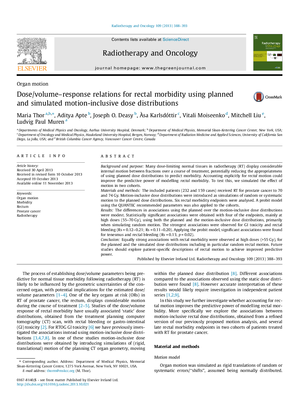 Dose/volume-response relations for rectal morbidity using planned and simulated motion-inclusive dose distributions