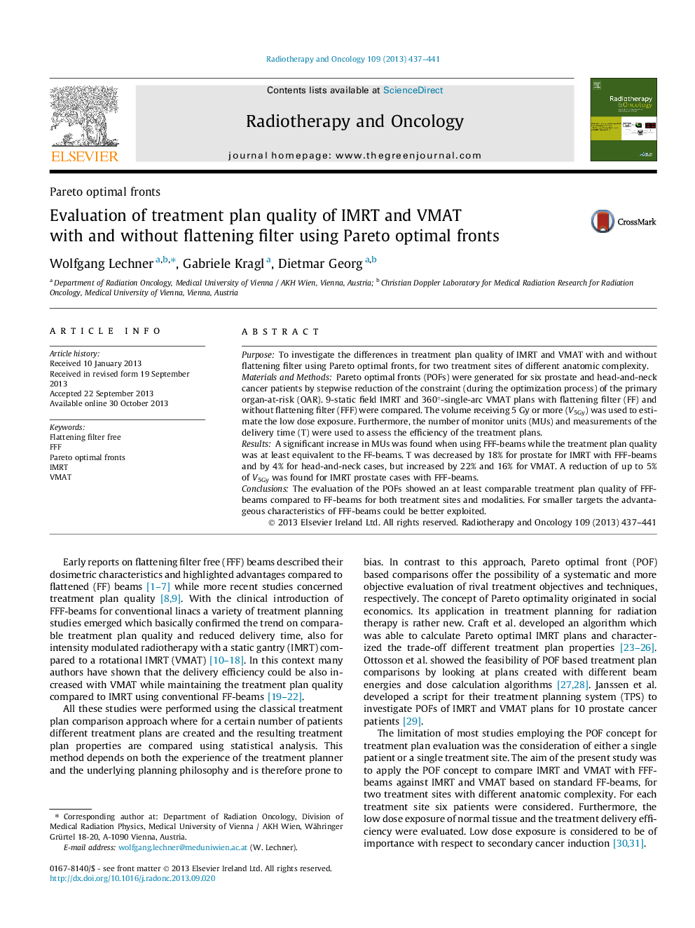 Evaluation of treatment plan quality of IMRT and VMAT with and without flattening filter using Pareto optimal fronts