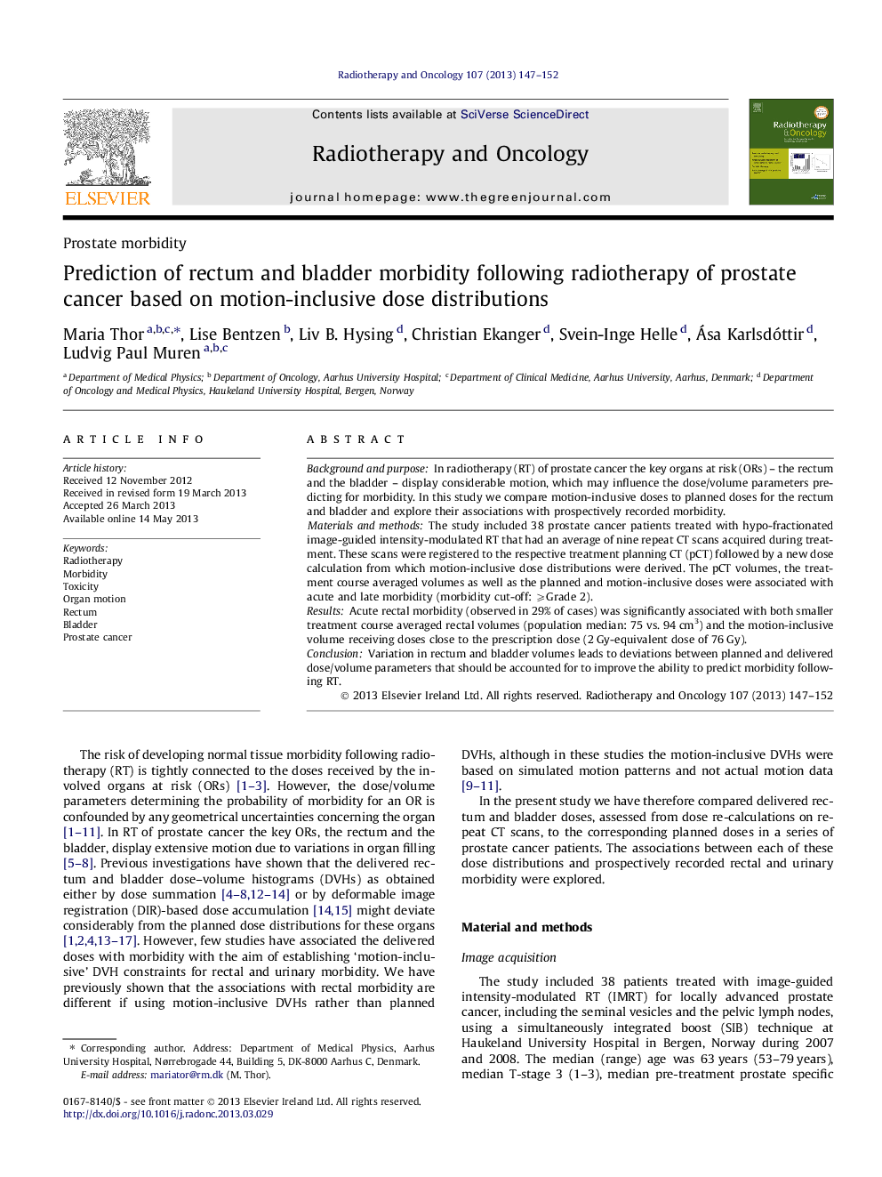 Prediction of rectum and bladder morbidity following radiotherapy of prostate cancer based on motion-inclusive dose distributions