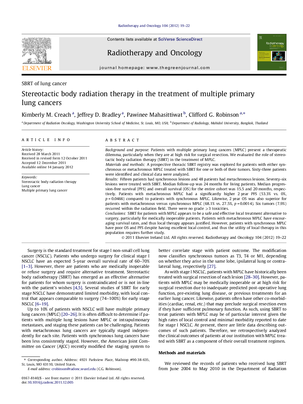 Stereotactic body radiation therapy in the treatment of multiple primary lung cancers