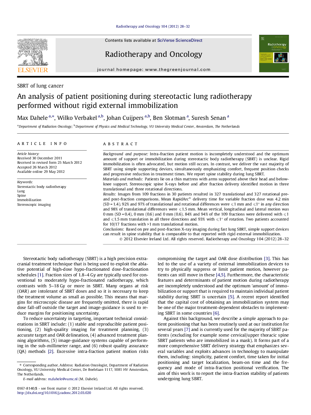 An analysis of patient positioning during stereotactic lung radiotherapy performed without rigid external immobilization