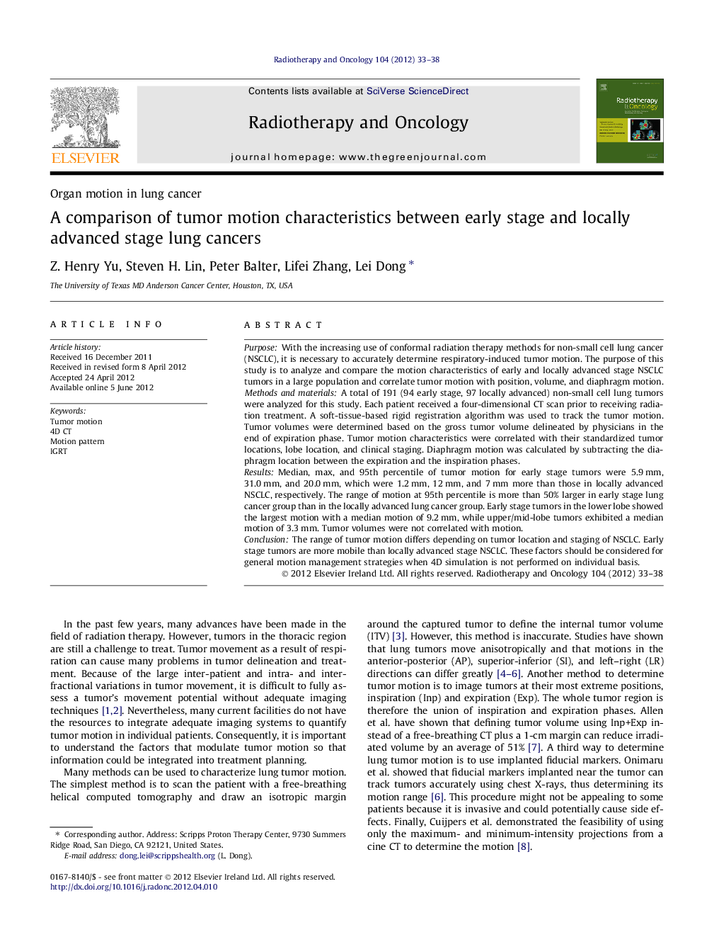 A comparison of tumor motion characteristics between early stage and locally advanced stage lung cancers