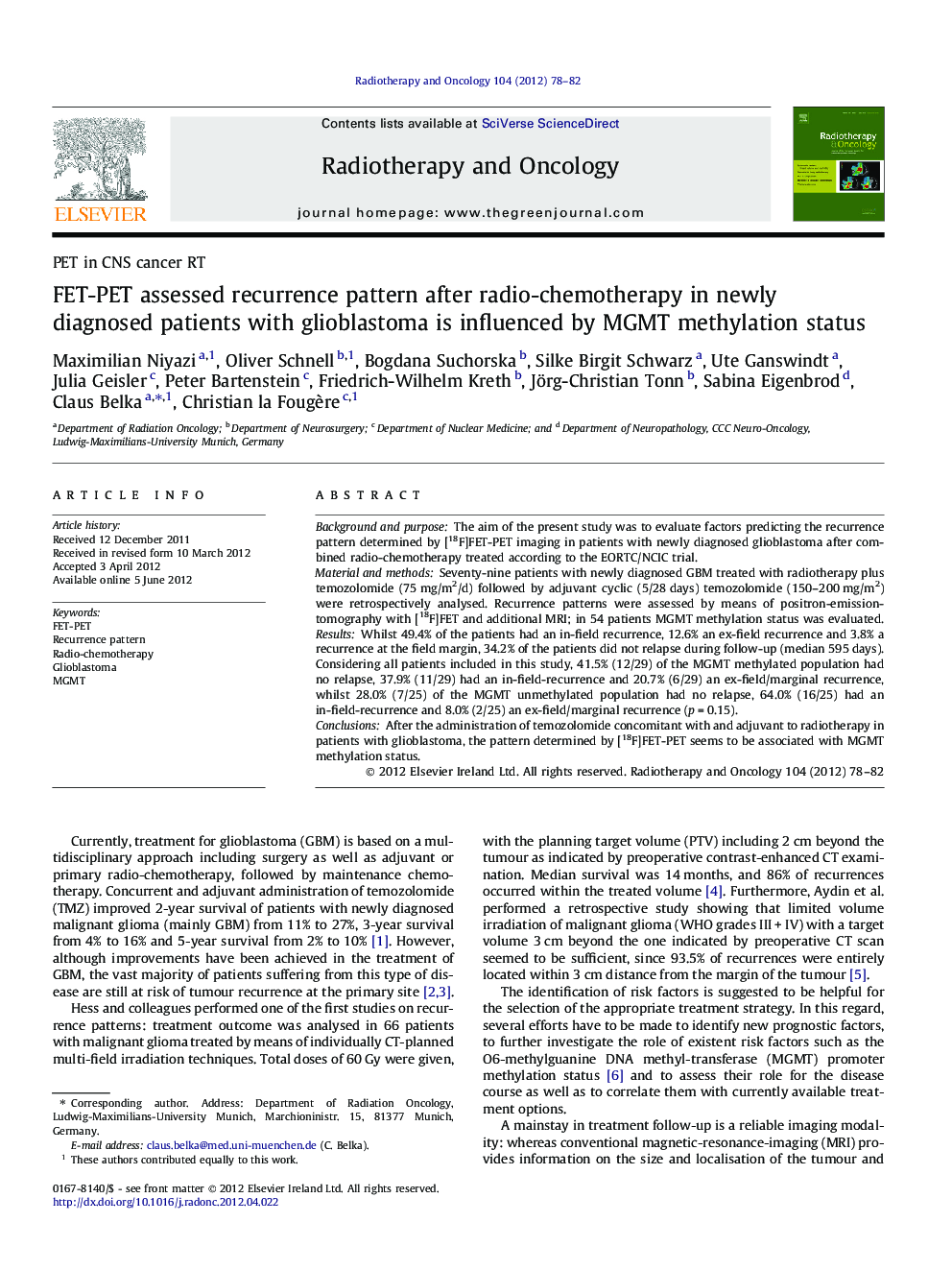 FET-PET assessed recurrence pattern after radio-chemotherapy in newly diagnosed patients with glioblastoma is influenced by MGMT methylation status