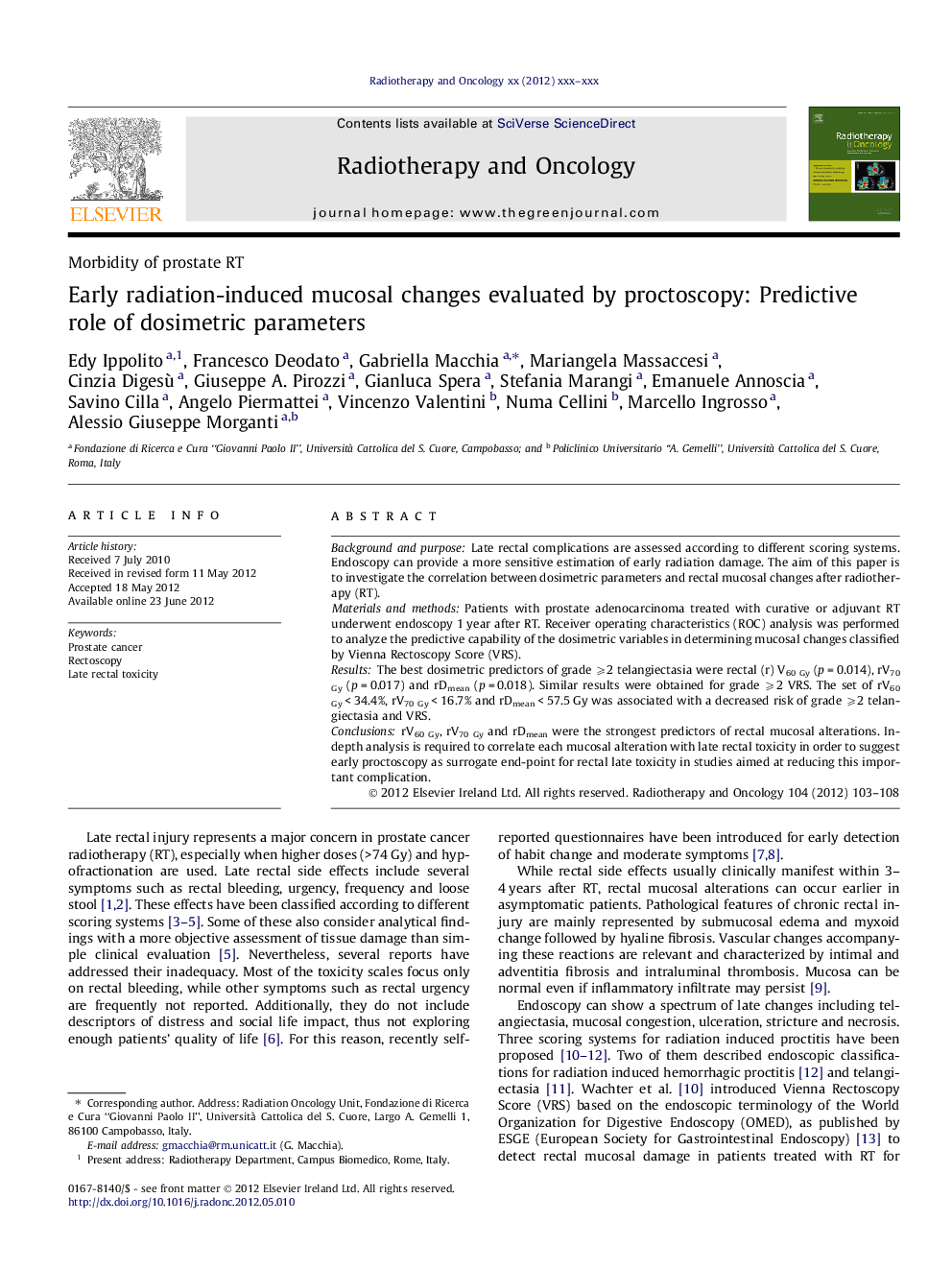 Early radiation-induced mucosal changes evaluated by proctoscopy: Predictive role of dosimetric parameters