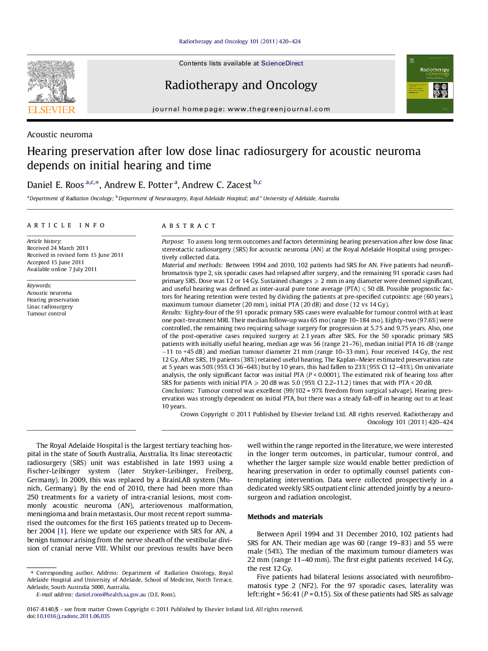 Hearing preservation after low dose linac radiosurgery for acoustic neuroma depends on initial hearing and time