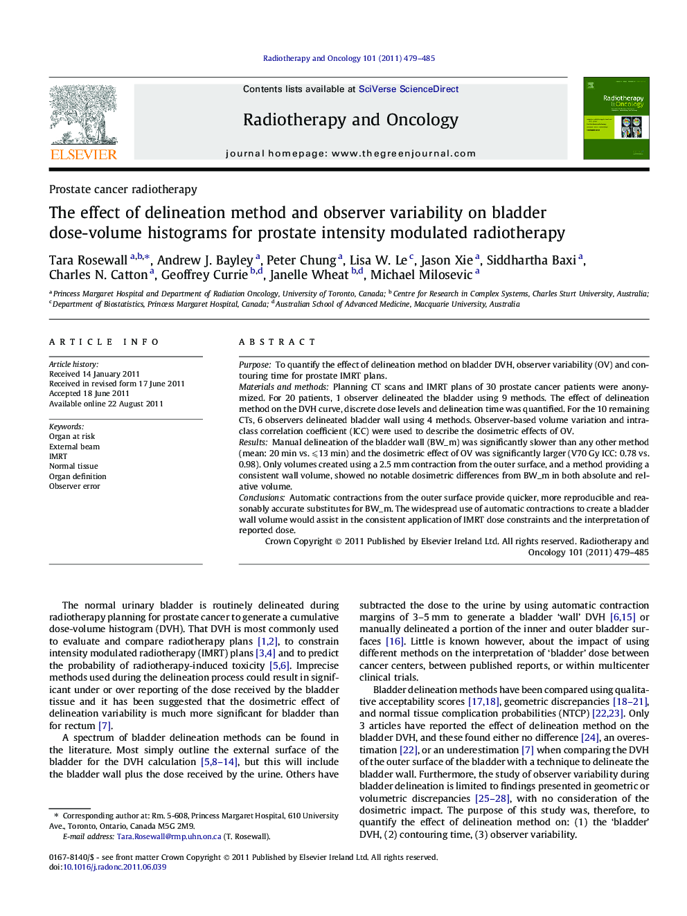 The effect of delineation method and observer variability on bladder dose-volume histograms for prostate intensity modulated radiotherapy