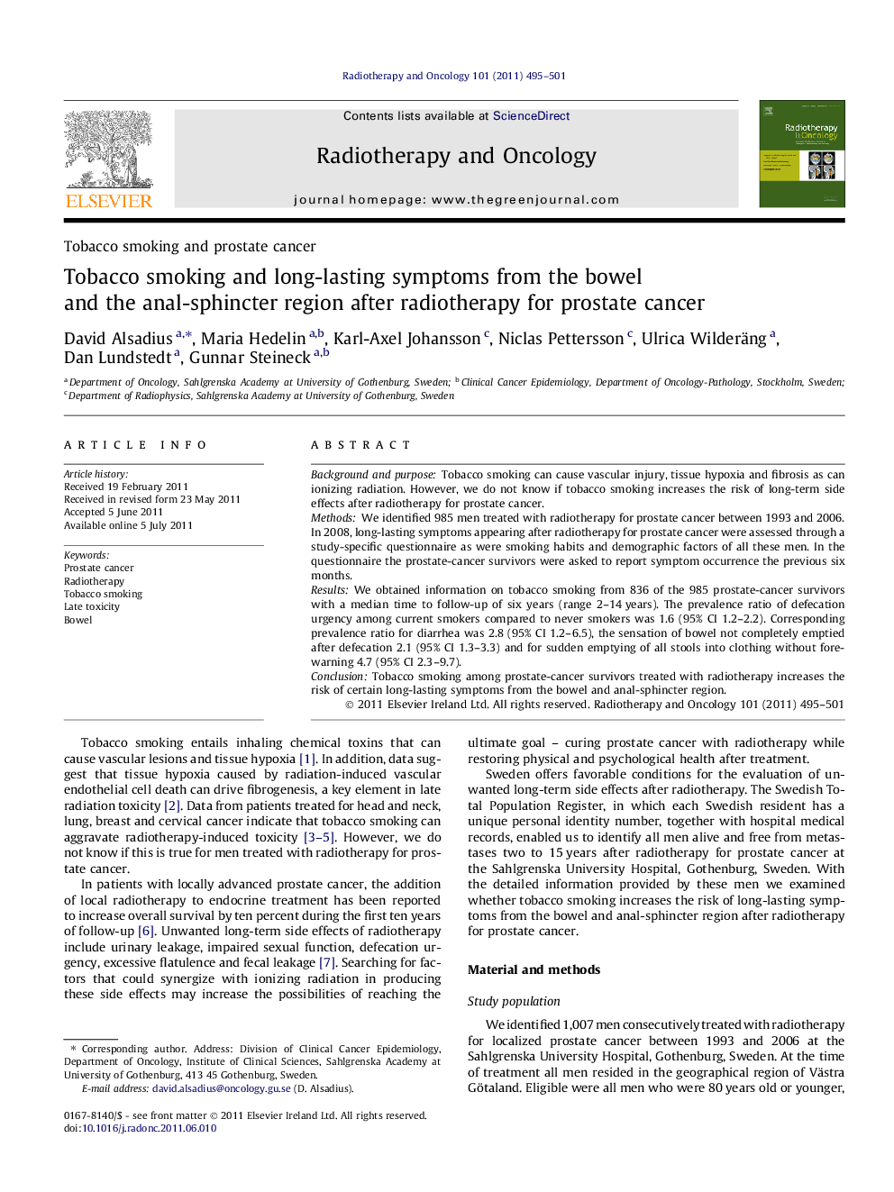 Tobacco smoking and long-lasting symptoms from the bowel and the anal-sphincter region after radiotherapy for prostate cancer