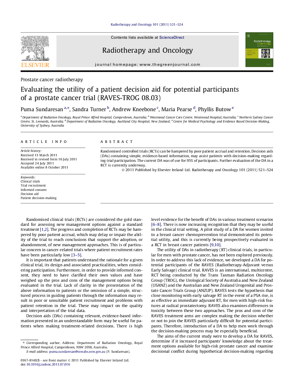 Evaluating the utility of a patient decision aid for potential participants of a prostate cancer trial (RAVES-TROG 08.03)