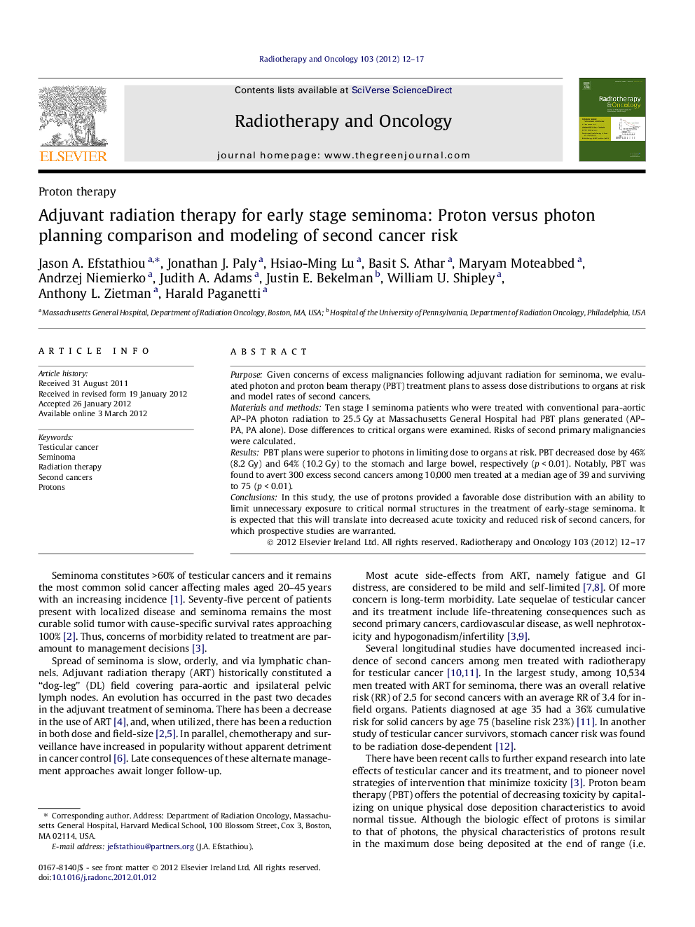 Adjuvant radiation therapy for early stage seminoma: Proton versus photon planning comparison and modeling of second cancer risk