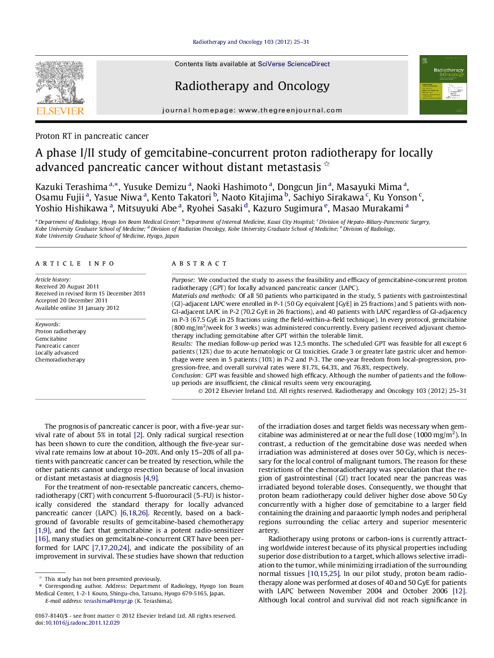 A phase I/II study of gemcitabine-concurrent proton radiotherapy for locally advanced pancreatic cancer without distant metastasis